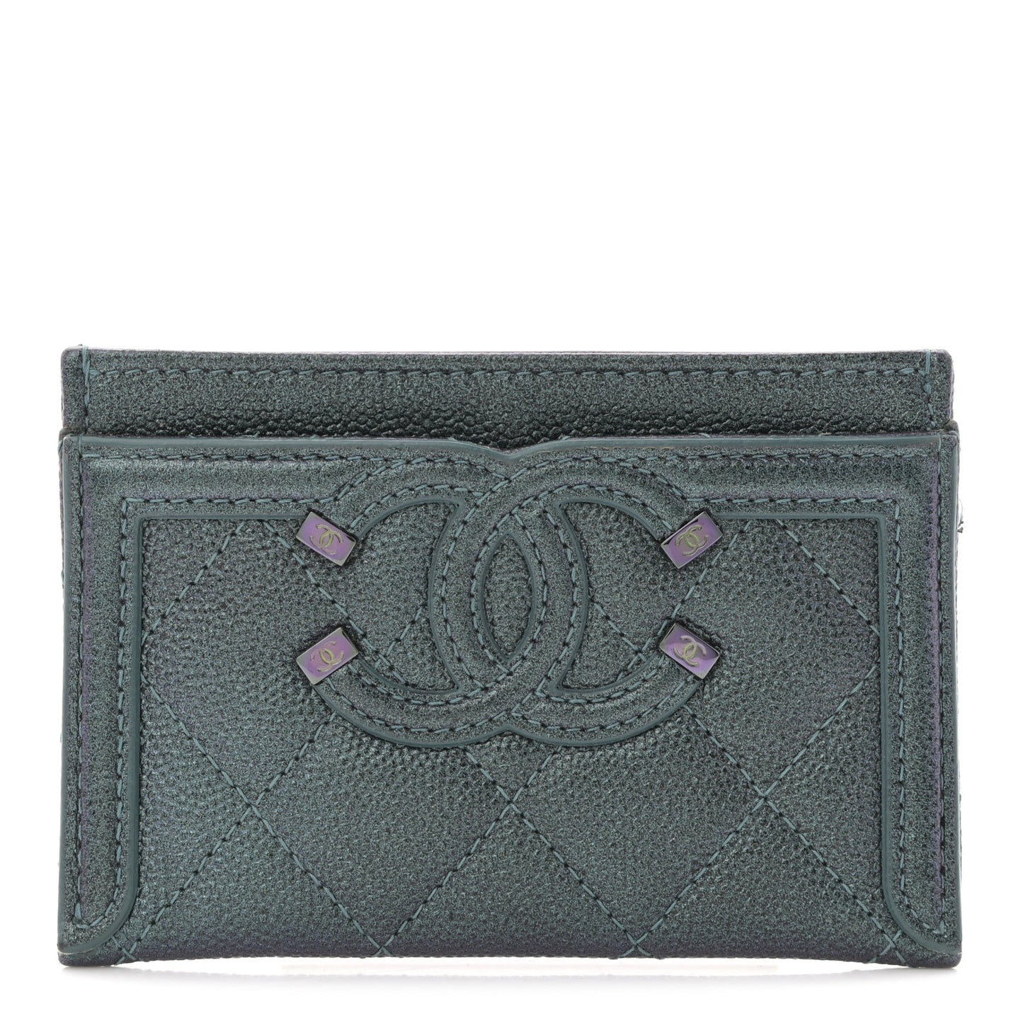 Iridescent Caviar Quilted Filigree Card Holder Dark Turquoise