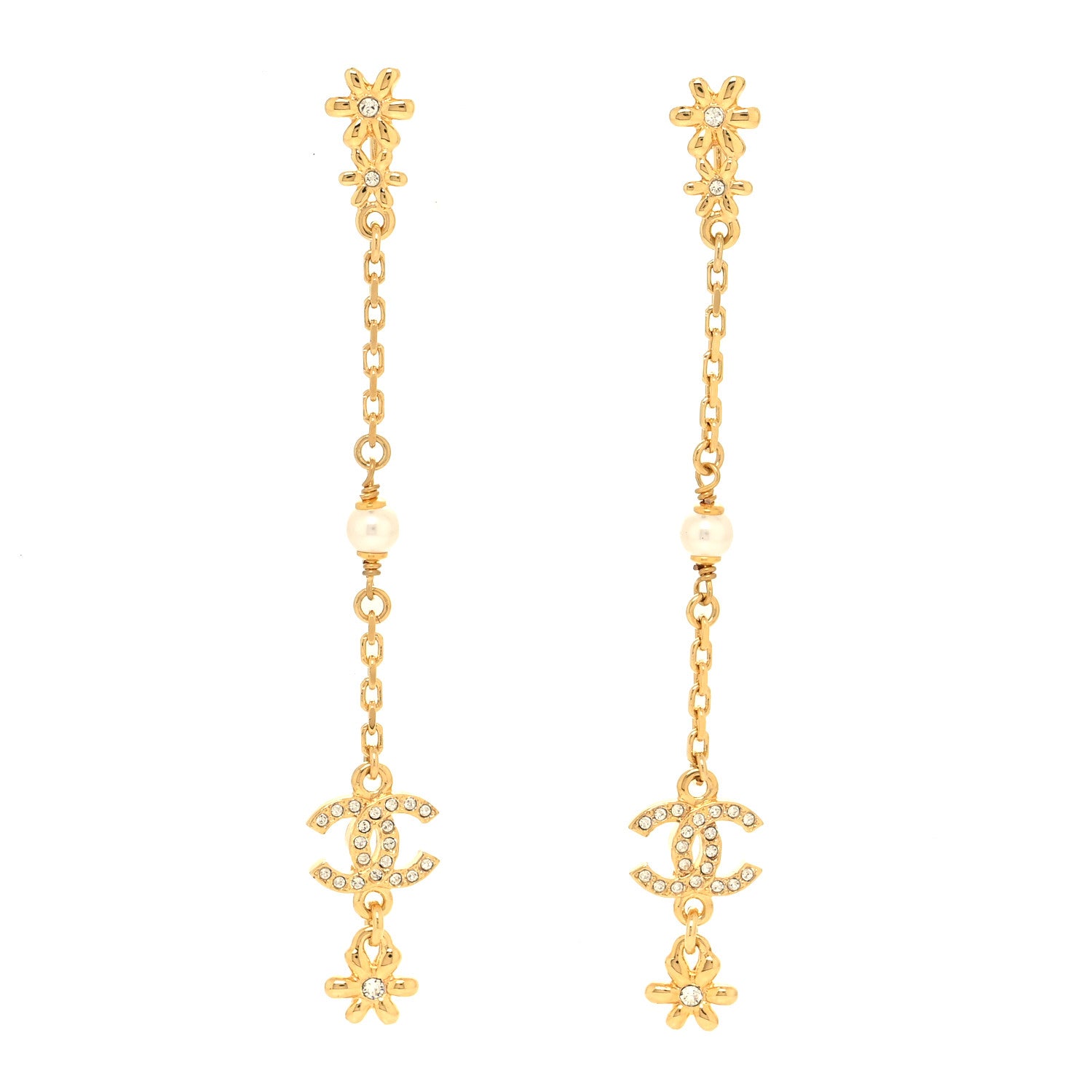 Chanel Pearl Crystal CC Flower Chain Long Drop Earrings Gold 1 of 4