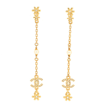 Chanel Pearl Crystal CC Flower Chain Long Drop Earrings Gold 1 of 4