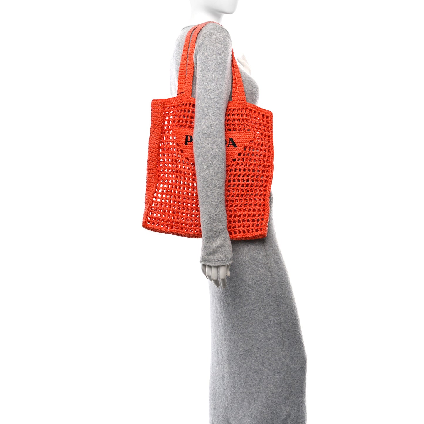 Yarn Raffia Effect Crochet Logo Embroidered Tote Bag Arancio