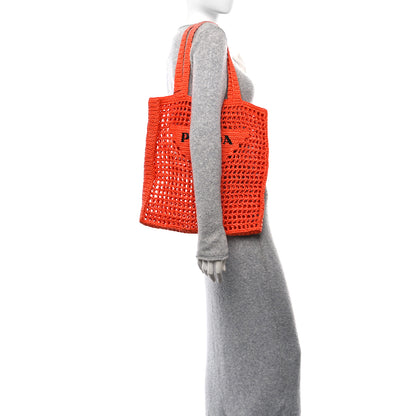 Prada Yarn Raffia Effect Crochet Logo Embroidered Tote Bag Arancio 2 of 9