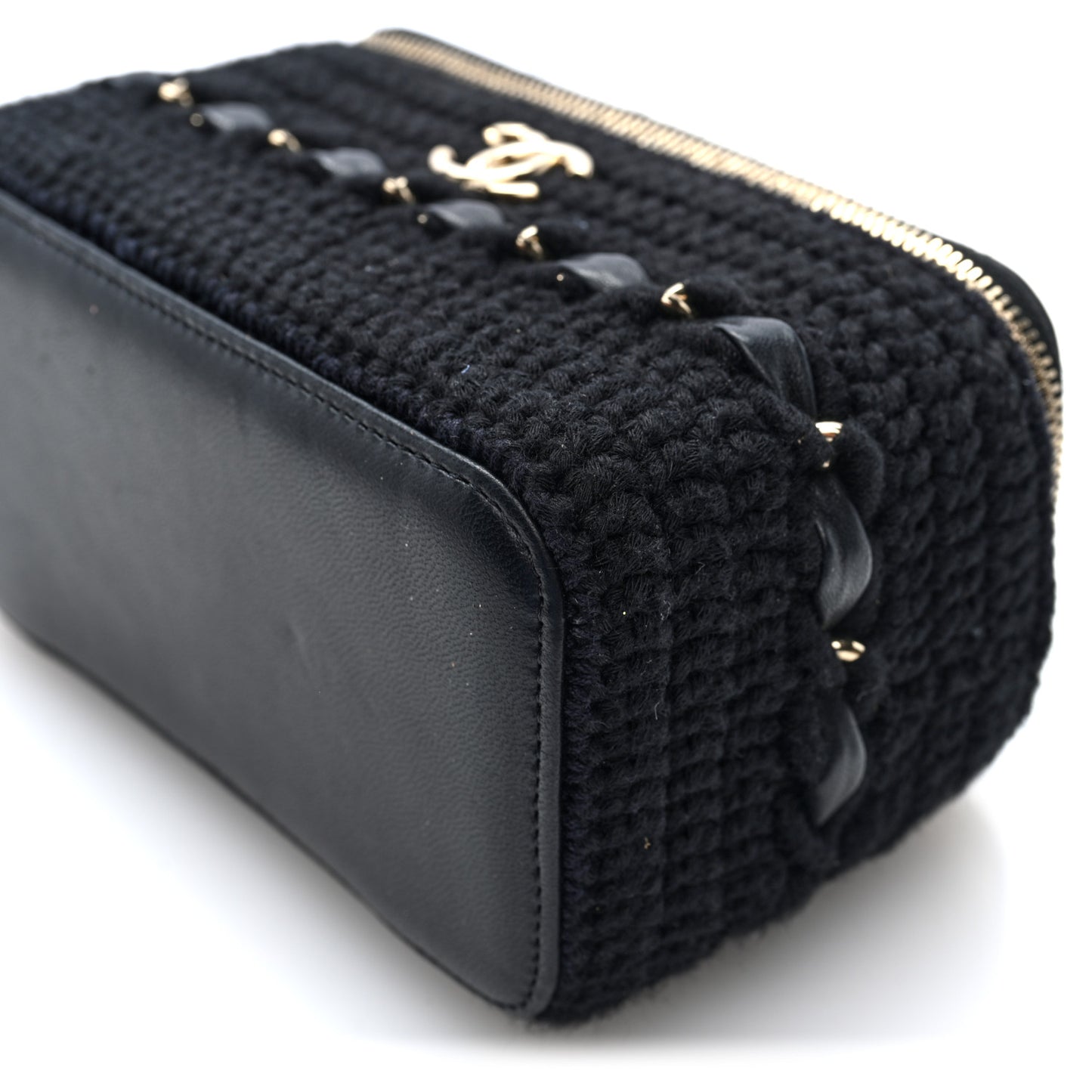 Lambskin Crochet Quilted Small Vanity Case With Chain Black
