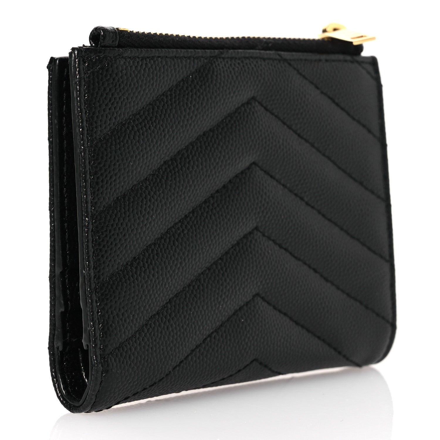 Saint Laurent Grain De Poudre Matelasse Chevron Monogram Zipped Card Case Black 3 of 10