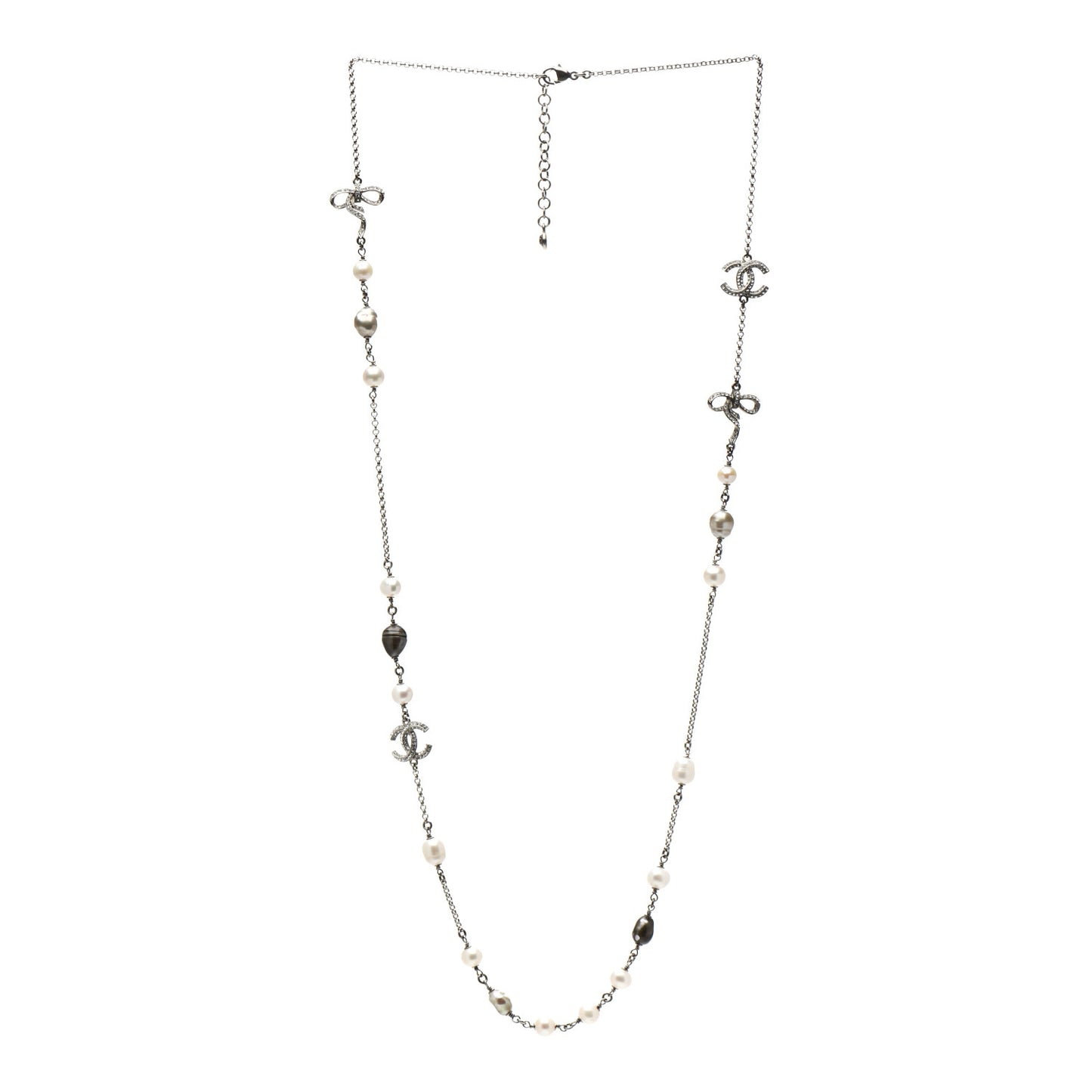 Pearl CC Crystal Bow Long Necklace Silver