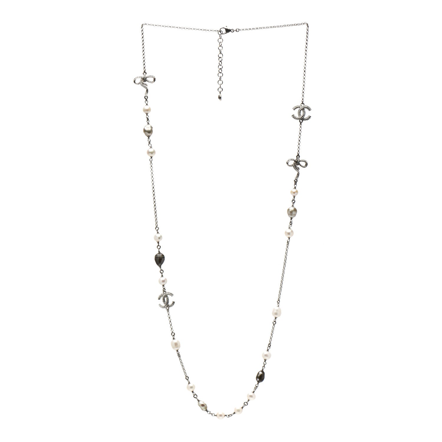 Chanel Pearl CC Crystal Bow Long Necklace Silver 4 of 6