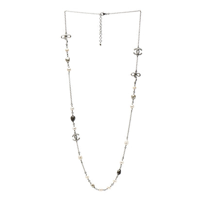 Chanel Pearl CC Crystal Bow Long Necklace Silver 4 of 6