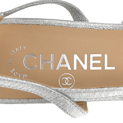 Chanel Metallic Lambskin Grosgrain Cap Toe CC Slingback Sandals 37.5 Black Silver 7 of 14