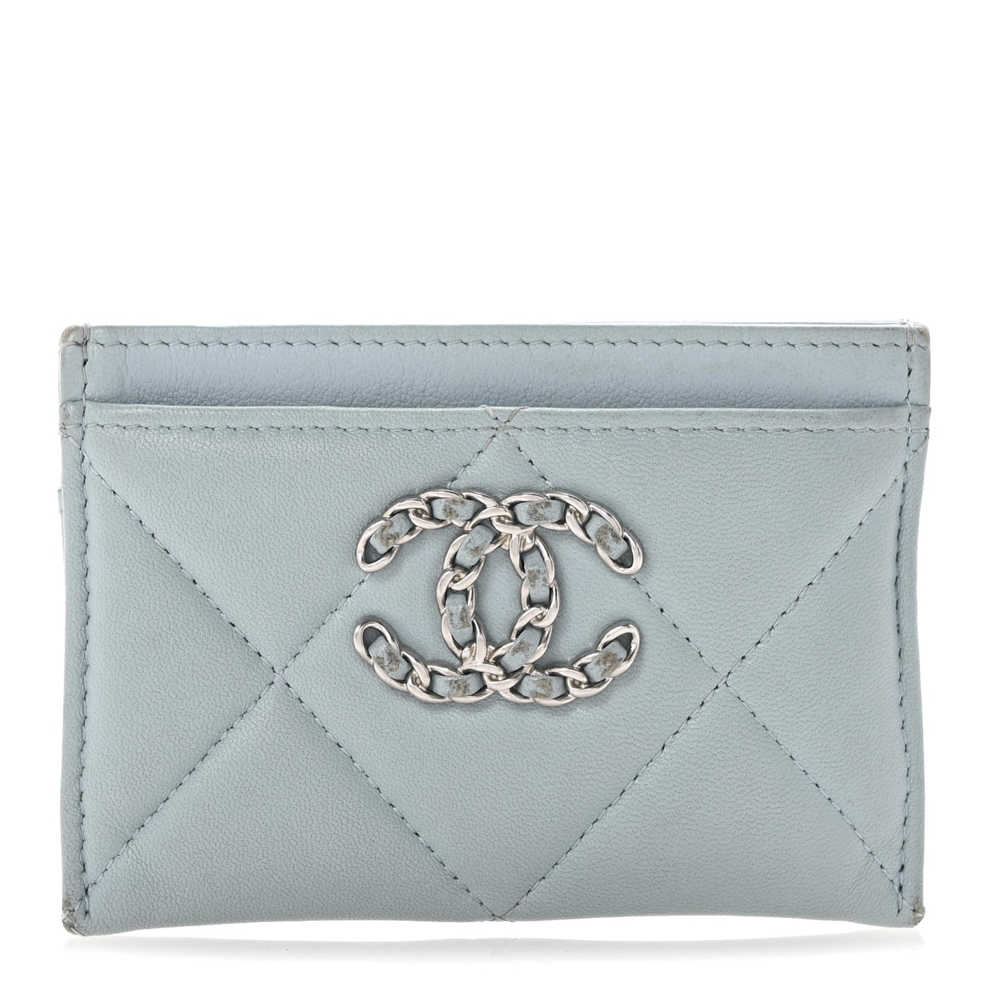 Lambskin Quilted Chanel 19 Card Holder Light Blue