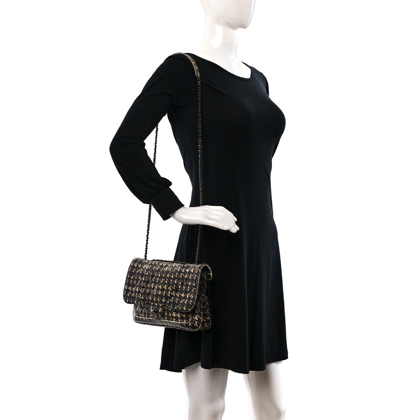 Snakeskin Houndstooth Print Flap Bag Black White