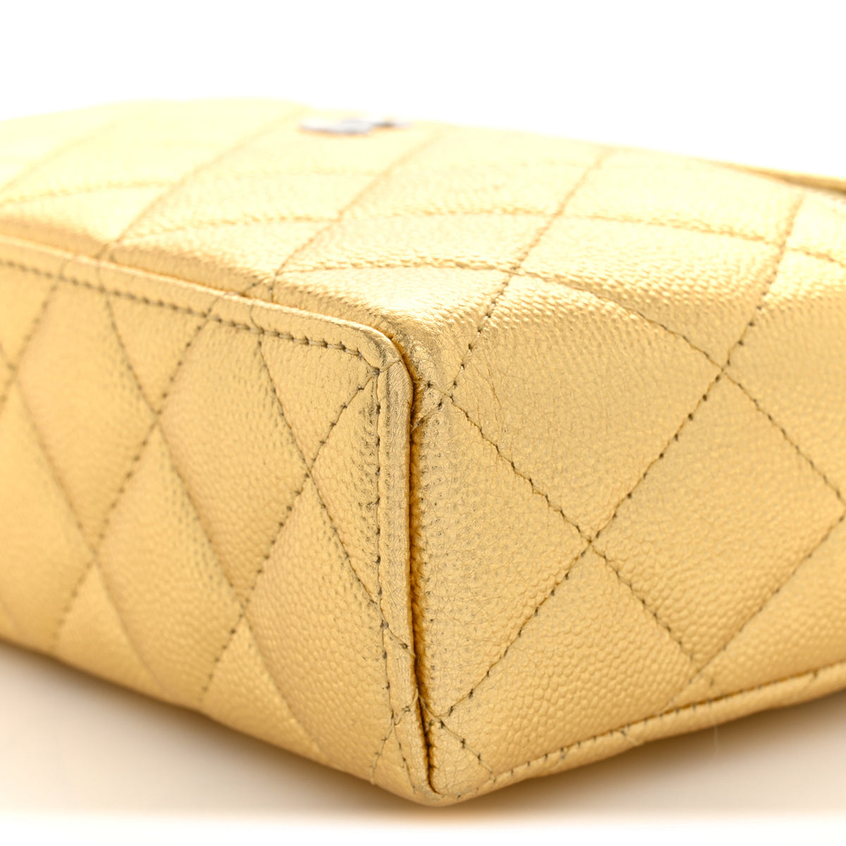 Metallic Caviar Quilted Top Handle Slim Vanity With Chain Gold