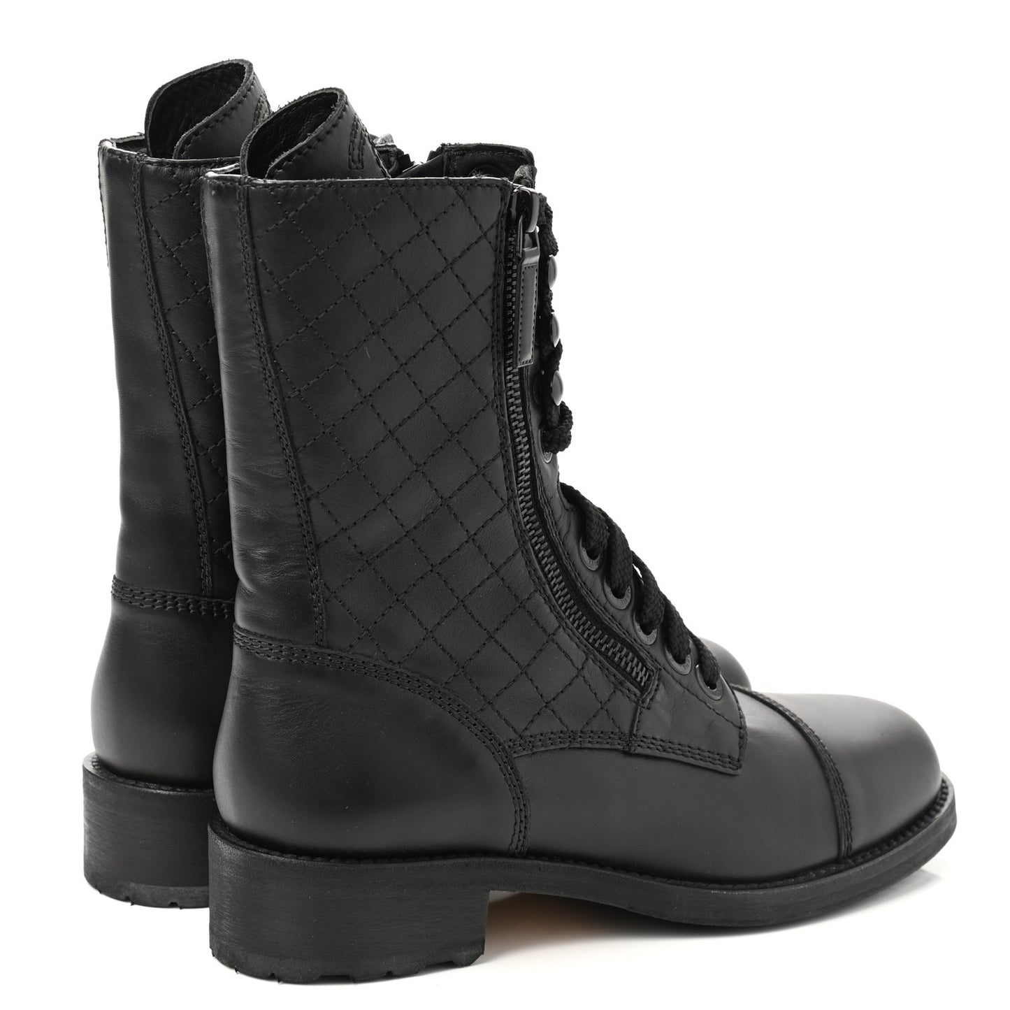 Calfskin Quilted Lace Up Combat Boots 37.5 Black
