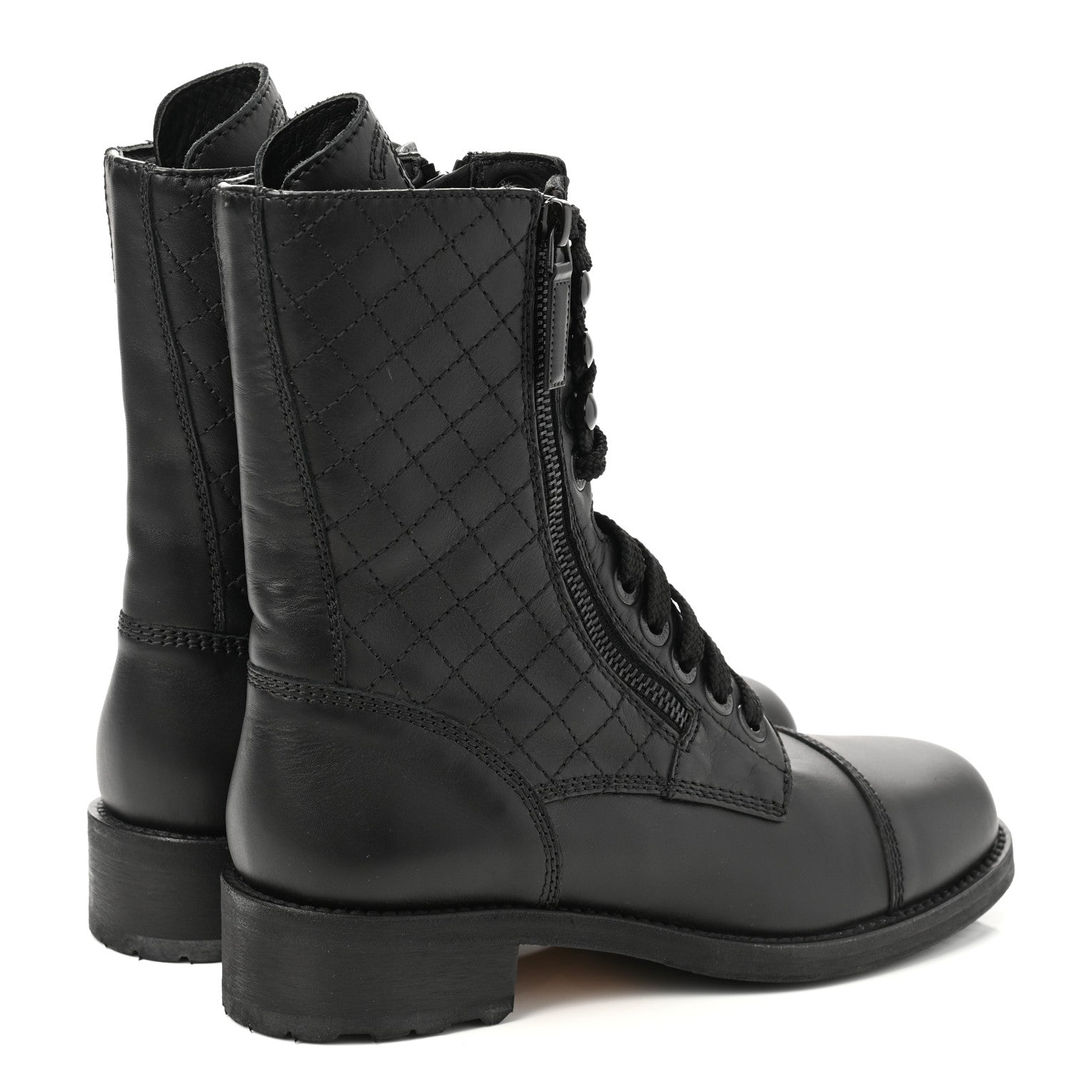 Chanel Calfskin Quilted Lace Up Combat Boots 37.5 Black 4 of 9