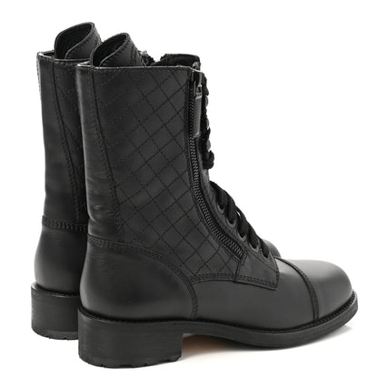 Chanel Calfskin Quilted Lace Up Combat Boots 37.5 Black 4 of 9