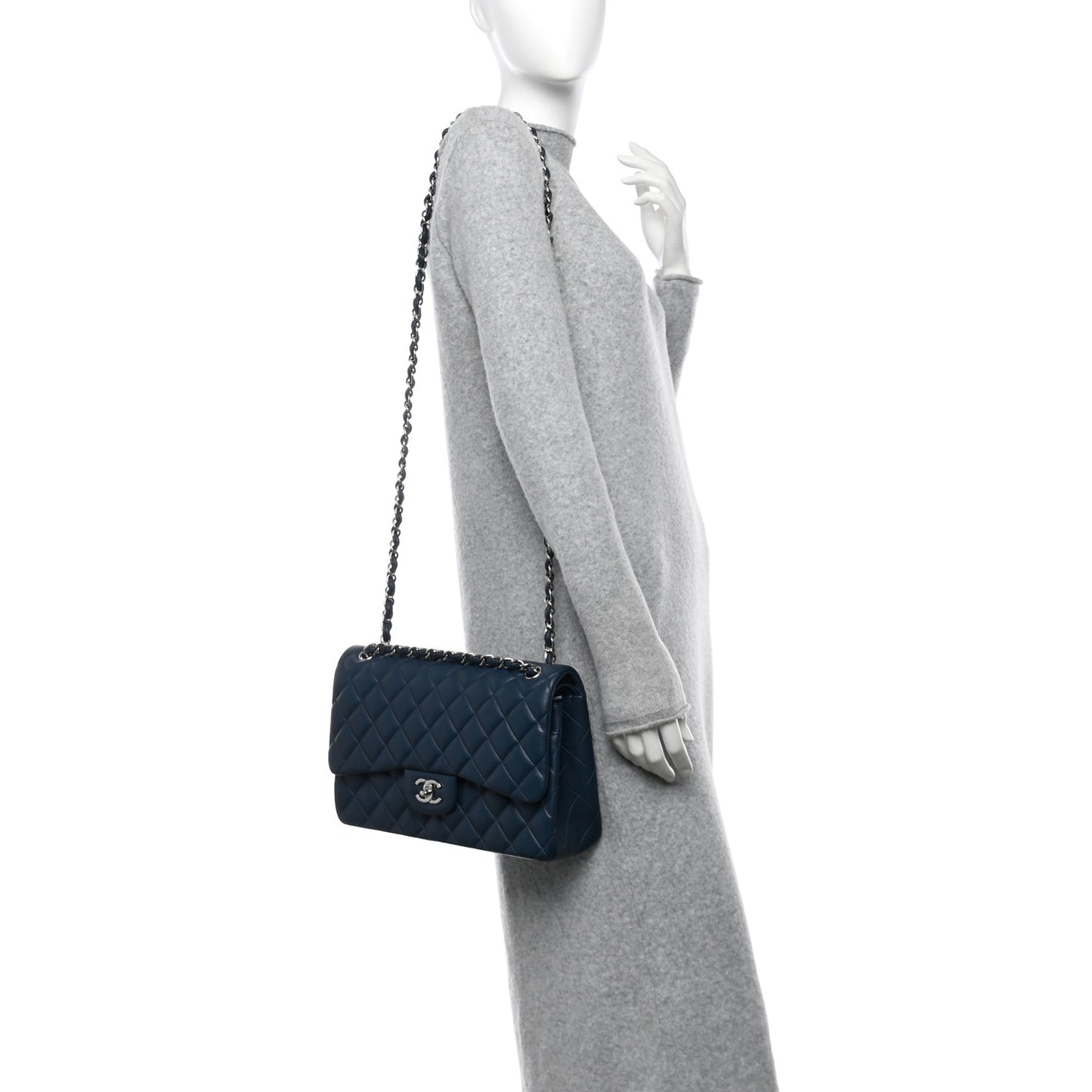 Lambskin Quilted Jumbo Double Flap Navy
