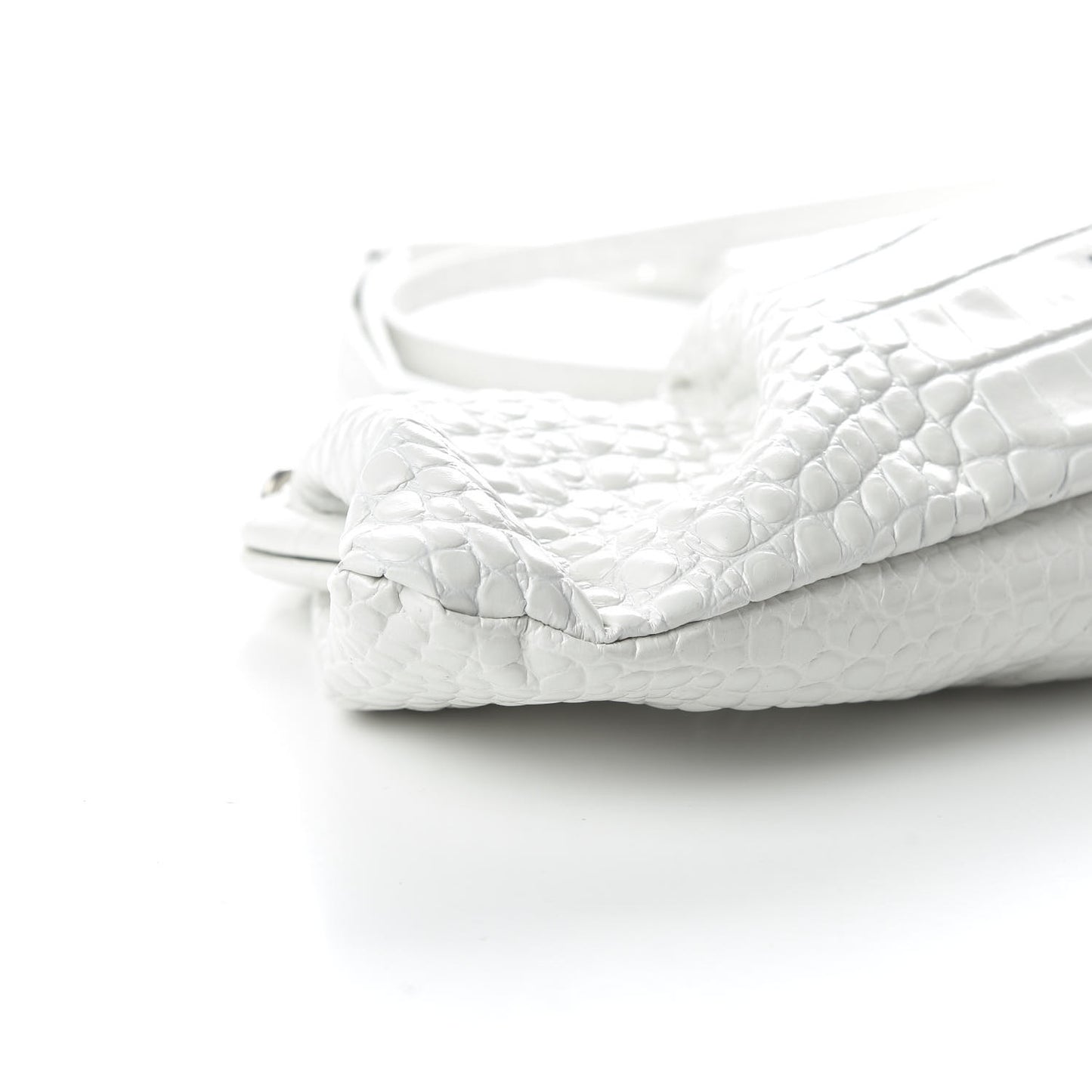 Shiny Supple Calfskin Logo Crocodile Embossed XL Cloud Clutch White