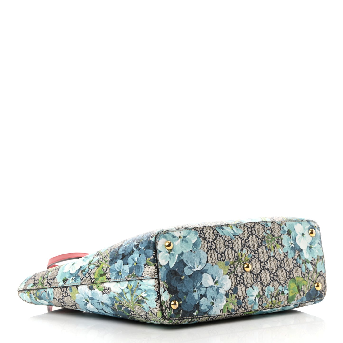 GG Supreme Monogram Blooms Medium Zippered Bucket Tote Beige Blue Navy Hibiscus Red