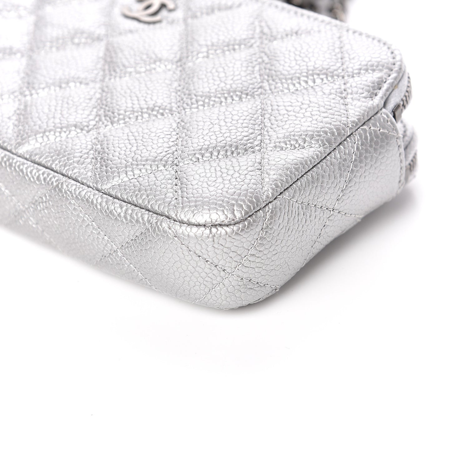 Metallic Caviar Quilted Small Clutch With Chain Silver