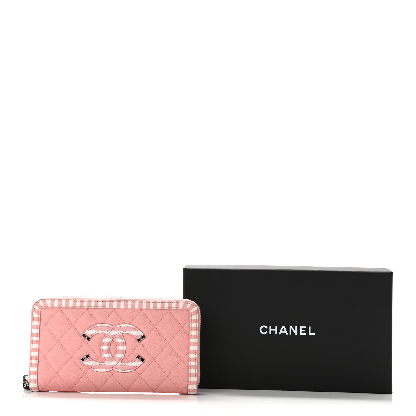 Caviar Quilted Stripe Filigree Zip Around Wallet Pink White