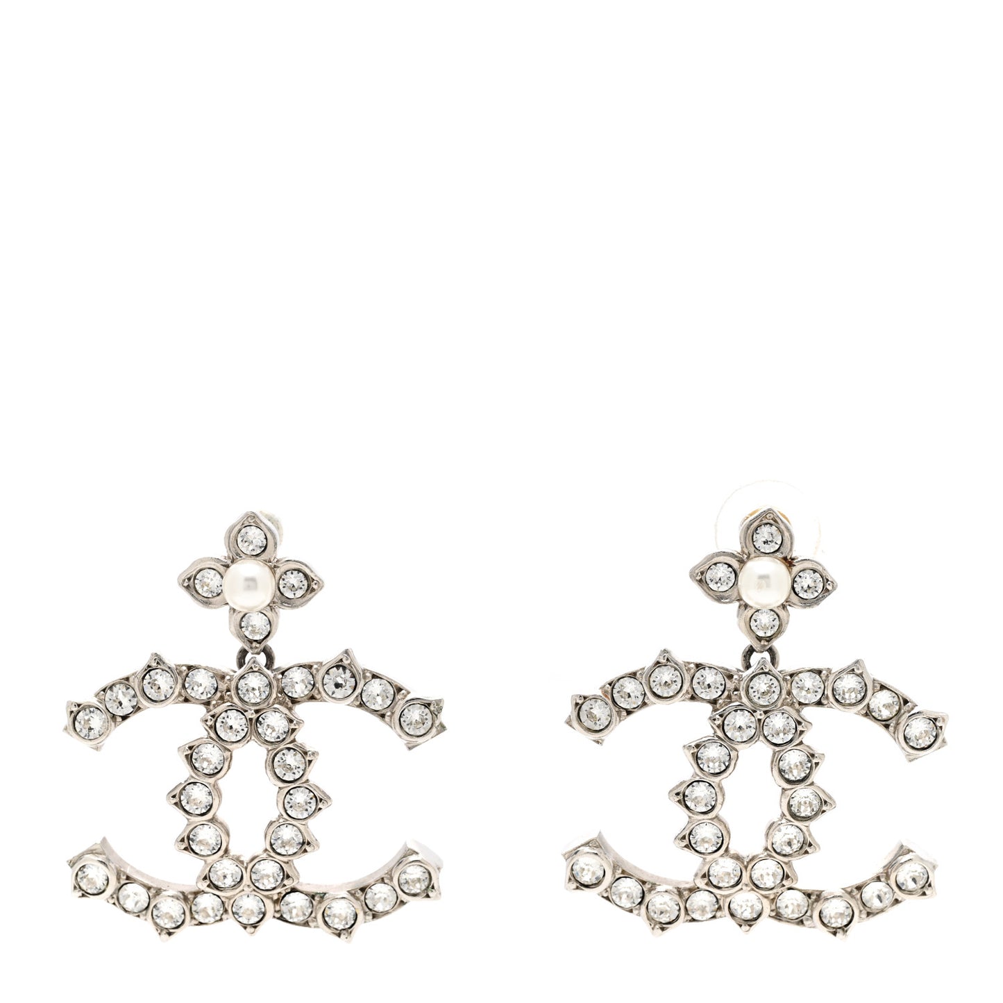 Metal Pearl Crystal CC Flower Drop Earrings Silver