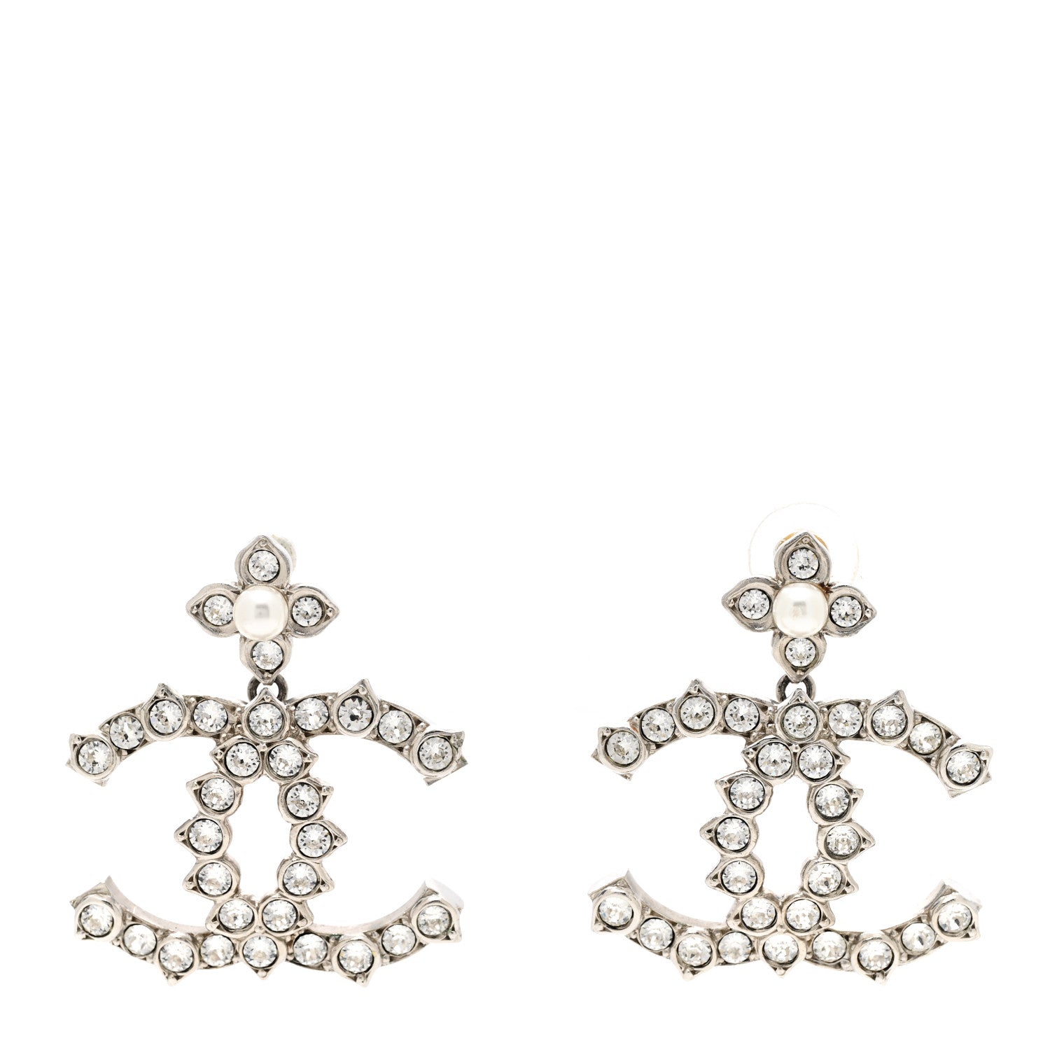 Chanel Metal Pearl Crystal CC Flower Drop Earrings Silver 1 of 6