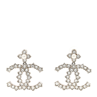 Chanel Metal Pearl Crystal CC Flower Drop Earrings Silver 1 of 6