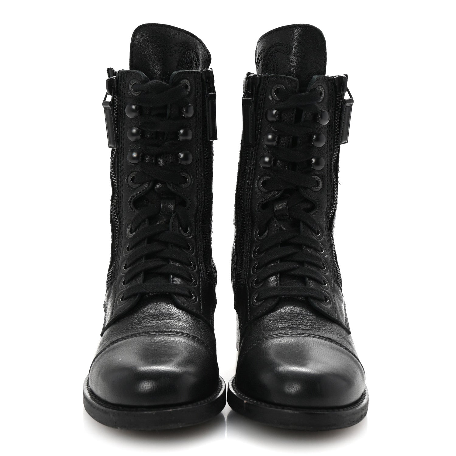 Chanel Sheepskin Quilted CC Tall Lace Up Combat Boots 35 Black 3 of 10