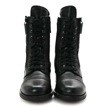 Chanel Sheepskin Quilted CC Tall Lace Up Combat Boots 35 Black 3 of 10
