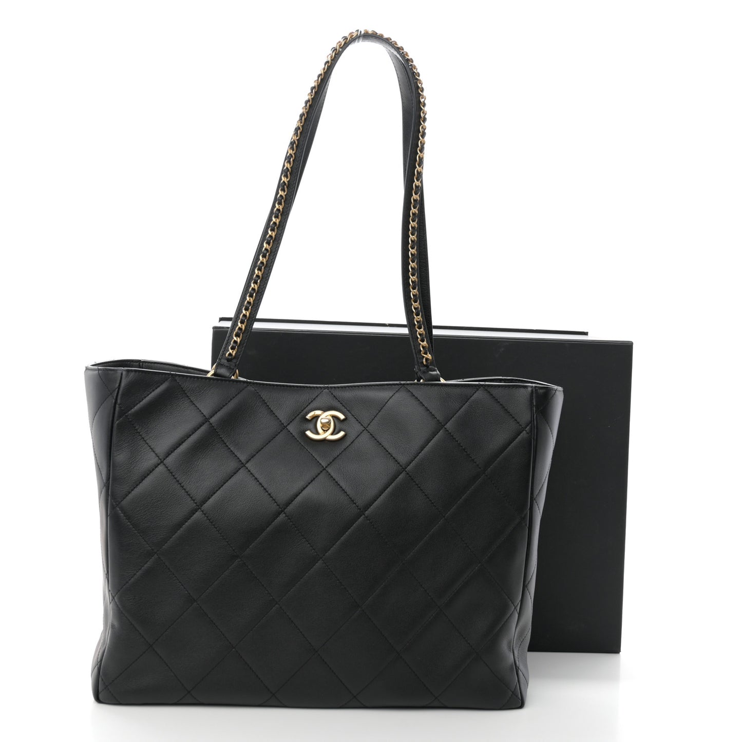 Calfskin Quilted Book Pocket Shopping Tote Black