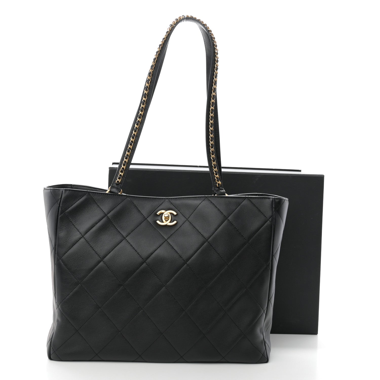 Chanel Calfskin Quilted Book Pocket Shopping Tote Black 12 of 12