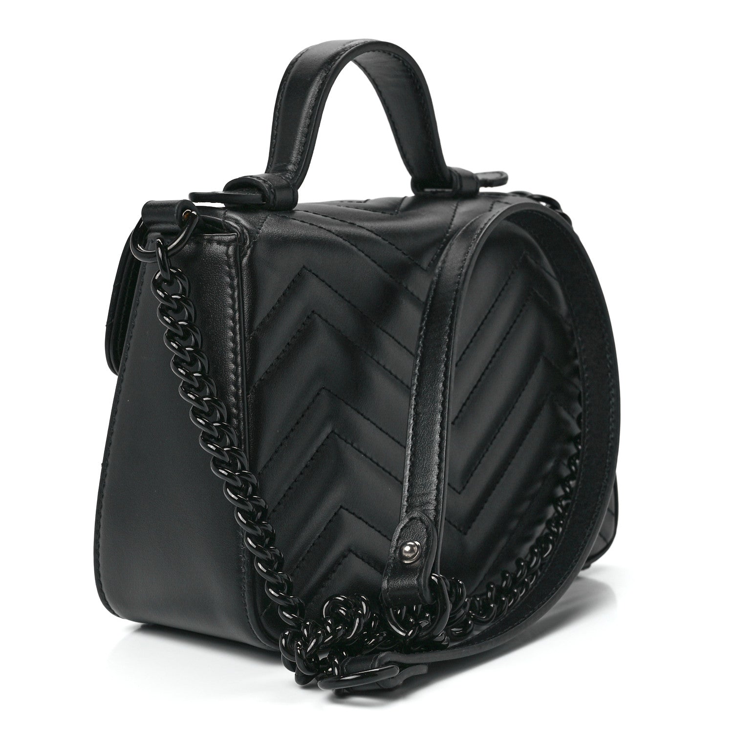 Gucci Calfskin Matelasse Monochrome Mini GG Marmont Top Handle Shoulder Bag Black 3 of 12