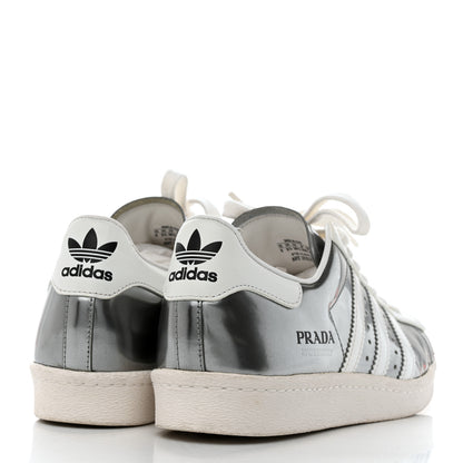 Prada X ADIDAS Brushed Calfskin Logo Mens Superstar Sneakers 6 Silver White 4 of 9