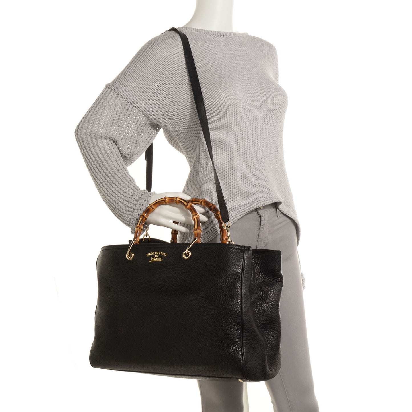 Leather Large Bamboo Shopper Tote Black