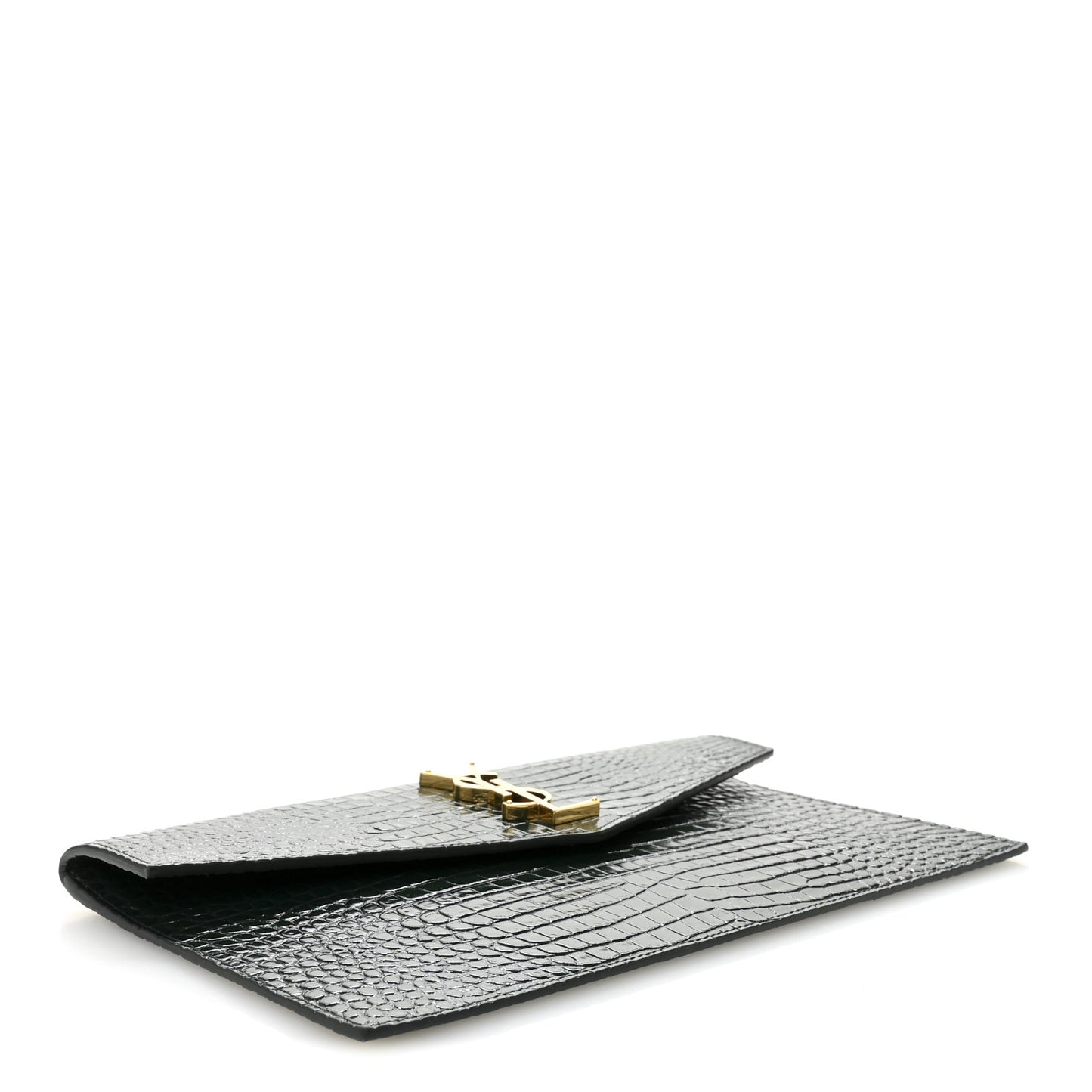 Calfskin Crocodile Embossed Uptown Monogram Clutch Dark Green