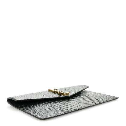 Saint Laurent Calfskin Crocodile Embossed Uptown Monogram Clutch Dark Green 4 of 7