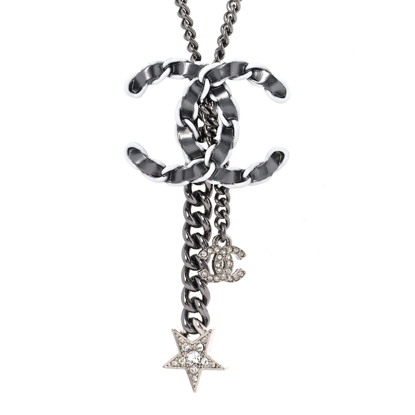 Lambskin Crystal Star CC Necklace Black Silver