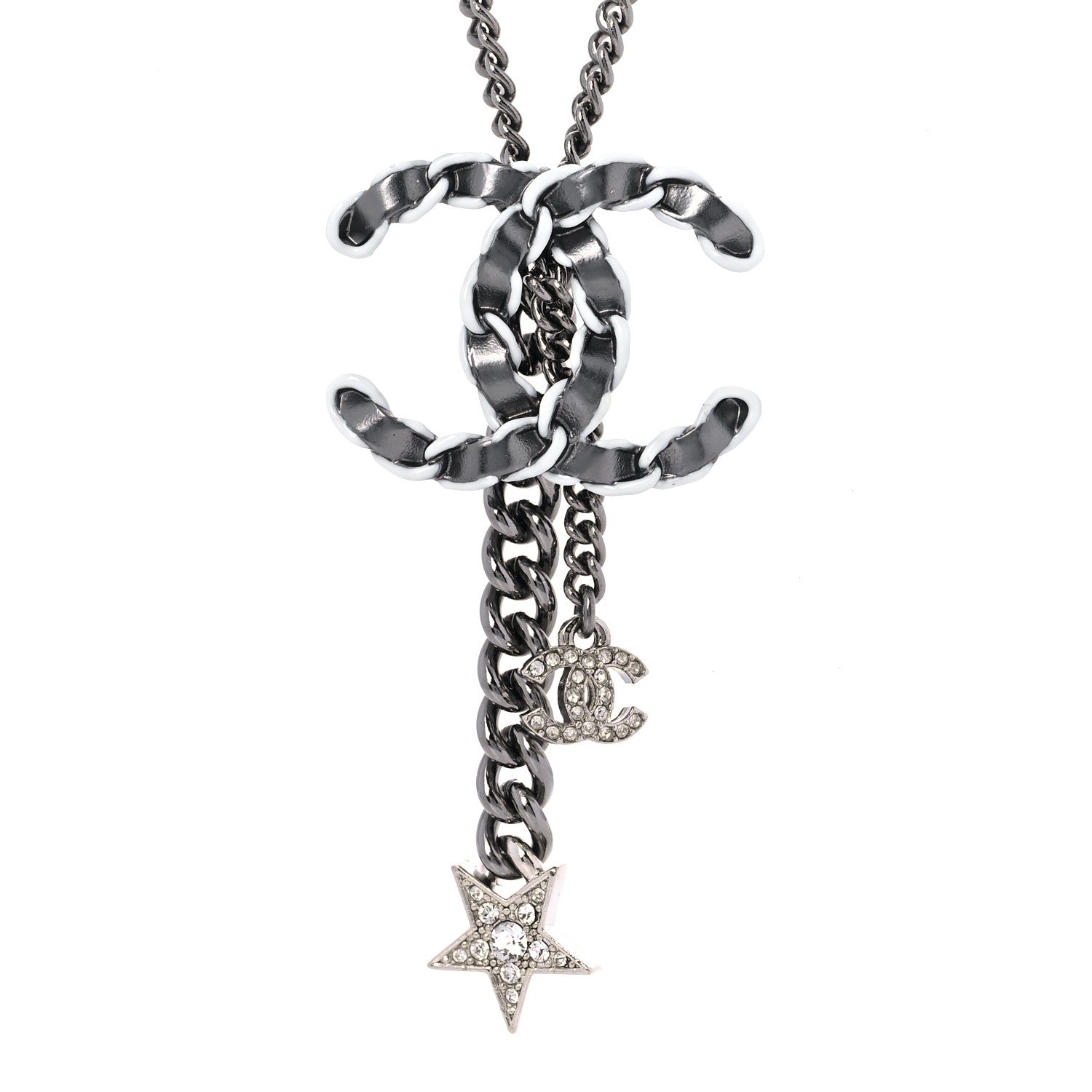 Chanel Lambskin Crystal Star CC Necklace Black Silver 4 of 6
