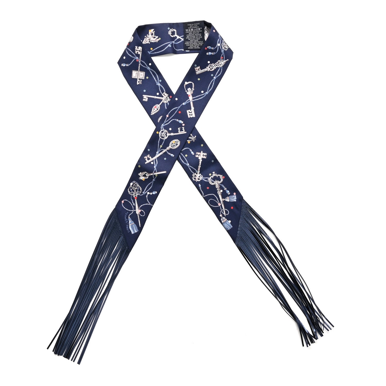 Hermes Silk Metallic Agneau Les Cles A Pois Fringed Twilly Bleu Marine Gris Argent Multicolor 1 of 4