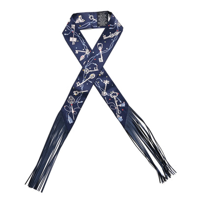 Hermes Silk Metallic Agneau Les Cles A Pois Fringed Twilly Bleu Marine Gris Argent Multicolor 1 of 4