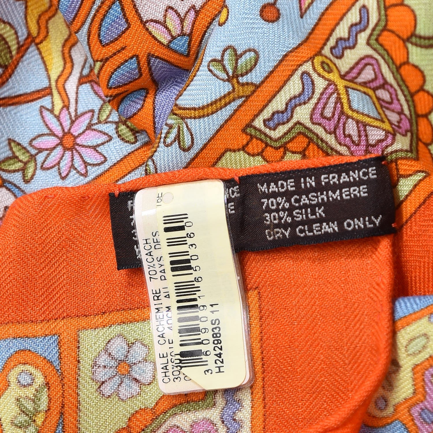 Hermes Cashmere Silk Au Pays Des Oiseaux Fleurs Shawl 140 Orange Bleu Vert 6 of 7
