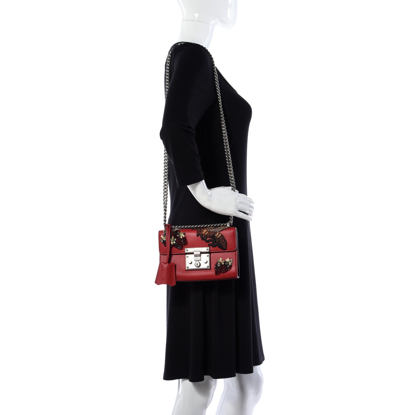 Calfskin Bee Embroidered Small Padlock Shoulder Bag Hibiscus Red