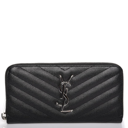 Saint Laurent Grain De Poudre Matelasse Chevron Monogram Zip Around Wallet Black 1 of 6