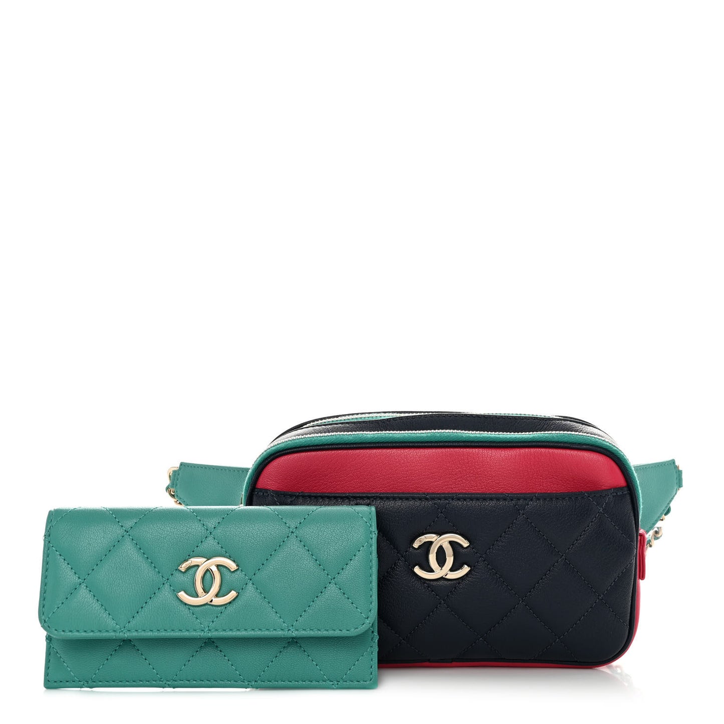 Goatskin Quilted Tri-Color In & Out Waist Bag Navy Turquoise Pink