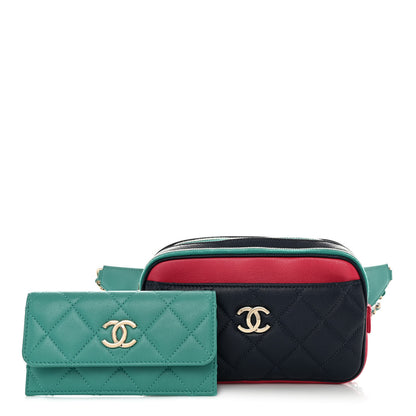 Chanel Goatskin Quilted Tri-Color In & Out Waist Bag Navy Turquoise Pink 1 of 14