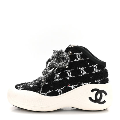 Chanel Tweed Sequins CC Lace Up Ankle Snow Boots 40 Black White 1 of 10