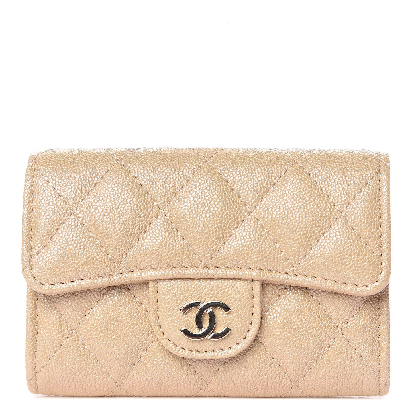 Iridescent Caviar Quilted Flap Card Holder Beige
