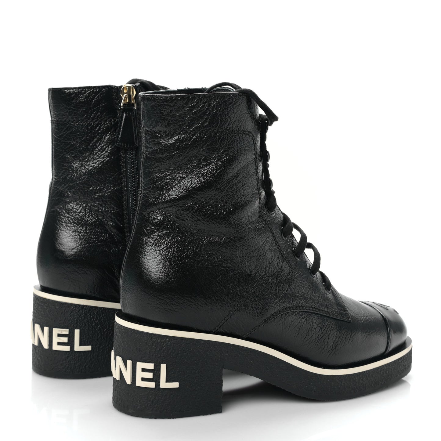 Shiny Crumpled Lambskin Lace Up Combat Boots 36 Black