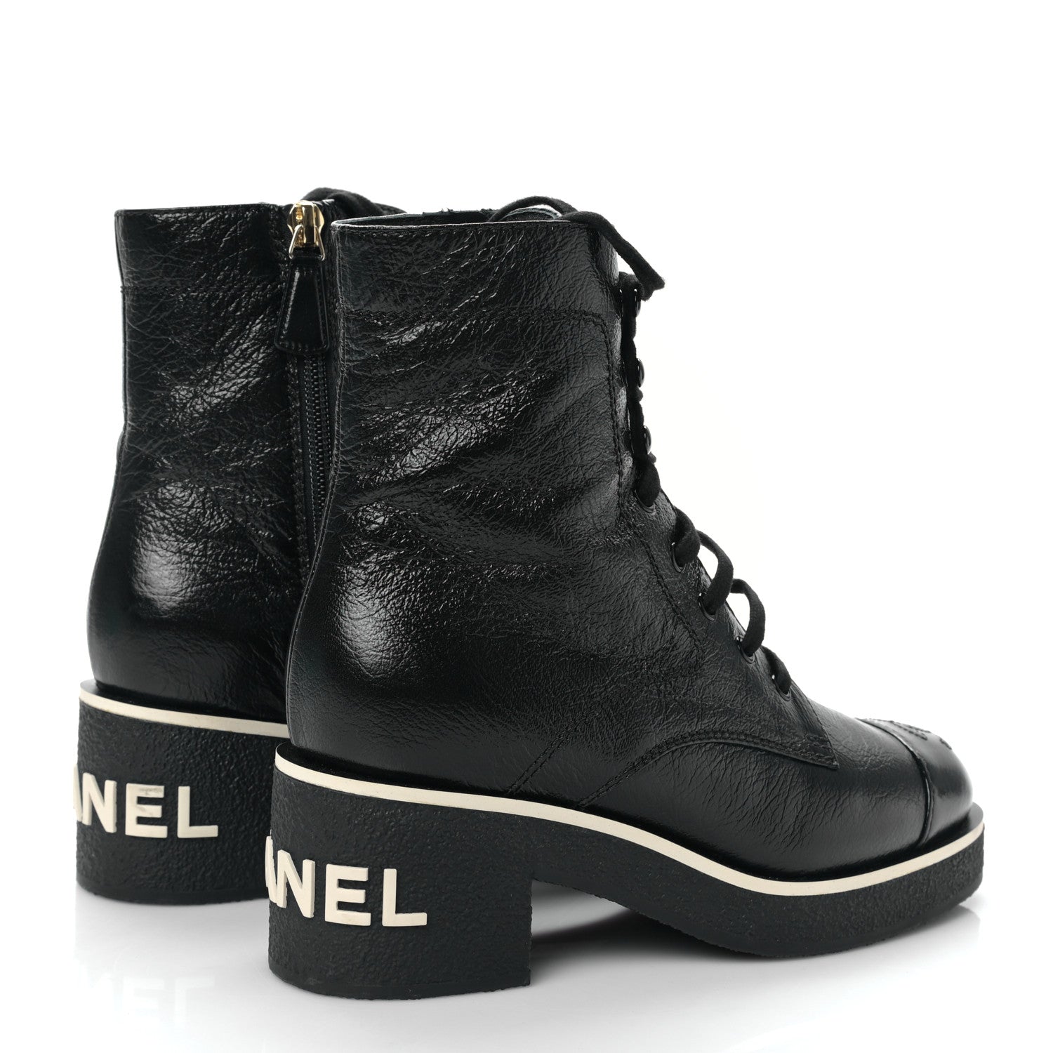Chanel Shiny Crumpled Lambskin Lace Up Combat Boots 36 Black 4 of 8