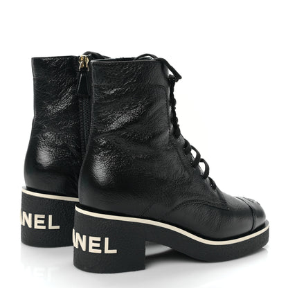 Chanel Shiny Crumpled Lambskin Lace Up Combat Boots 36 Black 4 of 8