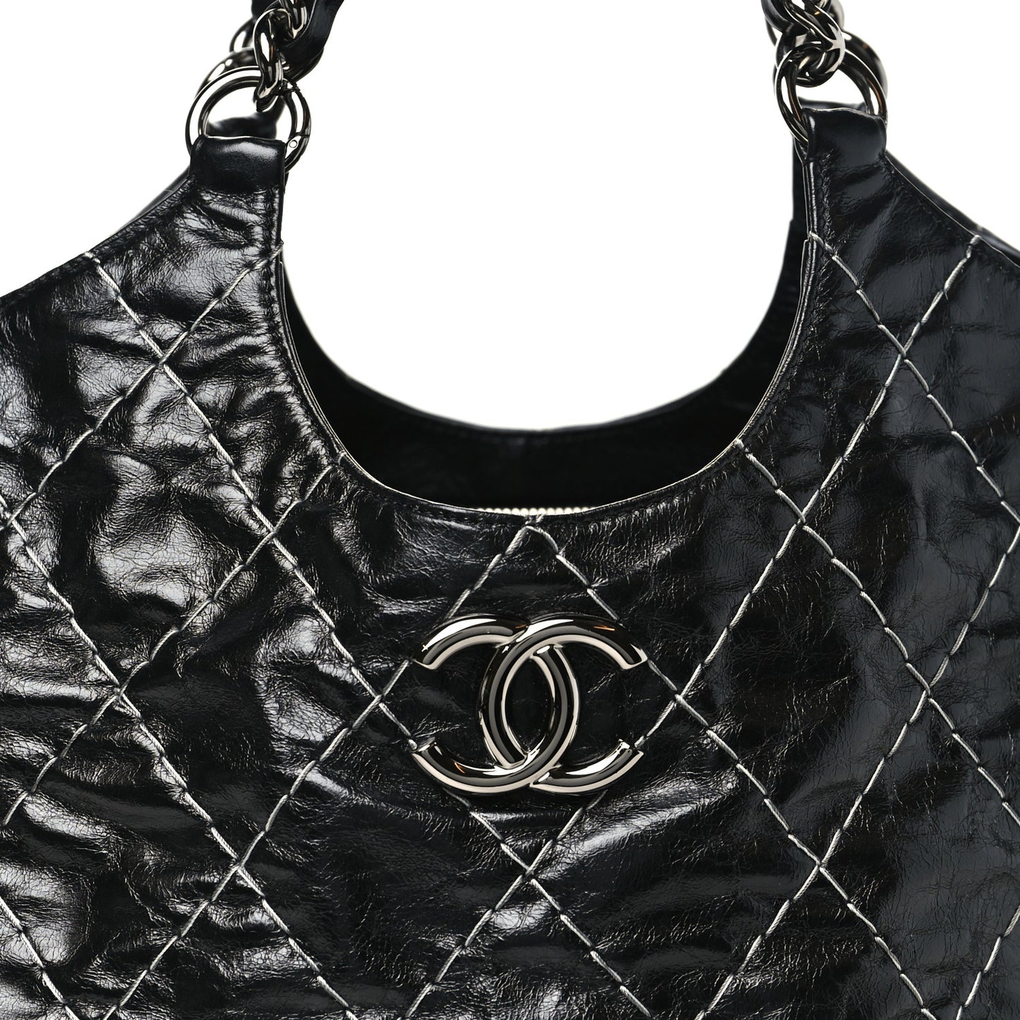 Glazed Goatskin Double Contrast Stitch Tote Black