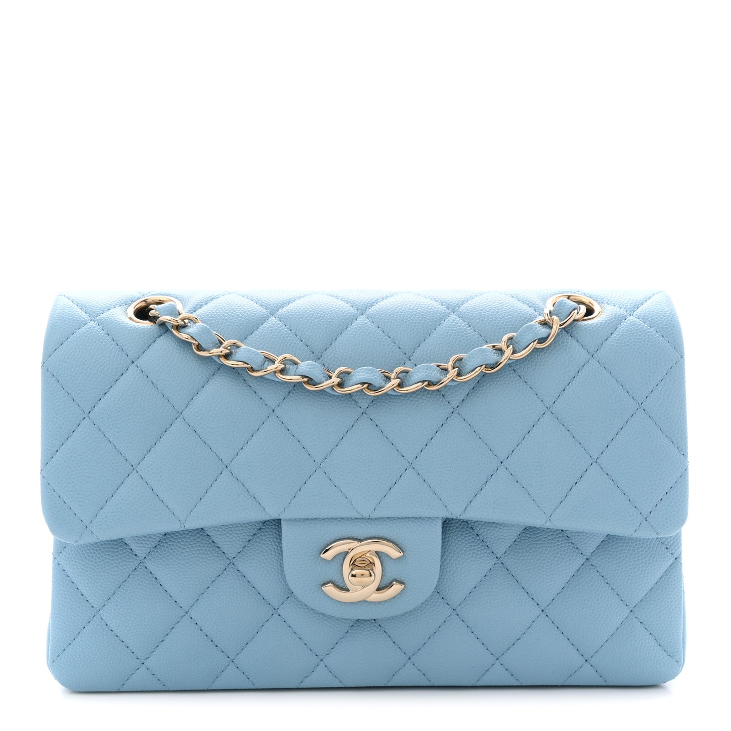 Caviar Quilted Small Double Flap Light Blue